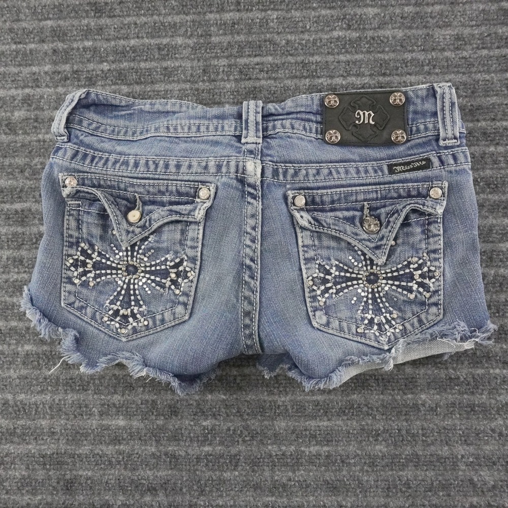 Miss Me Denim Cut Off Shorts Womens 28 Blue Rhinestone Cross Low Rise JP5077